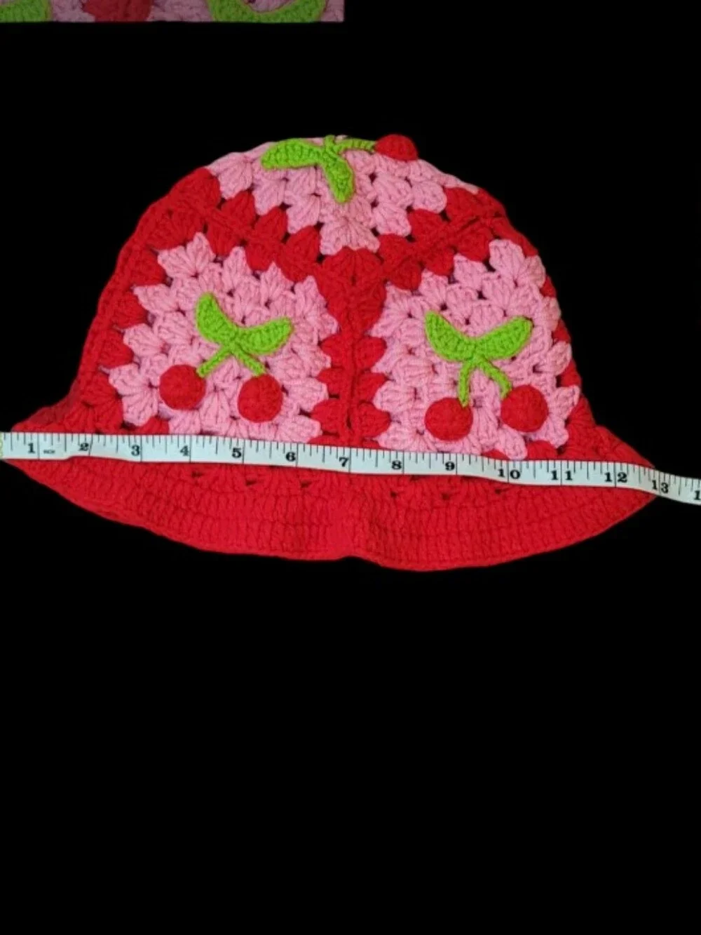 Women's Handmade Crochet Cherry Bucket Hat - Red & Pink